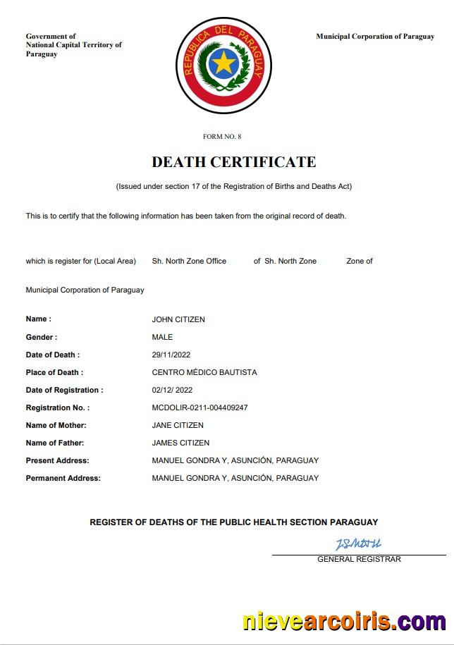 Paraguay death certificate